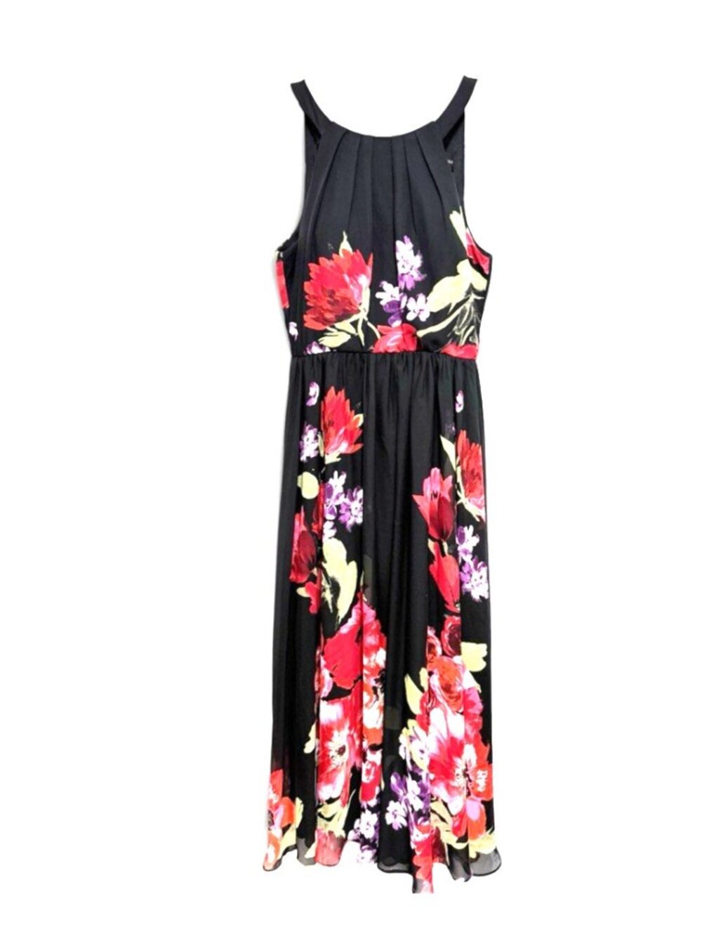 Betsey & Adam Black Rose Floral Sleeveless Maxi Dress Chiffon Back Tie Size 10